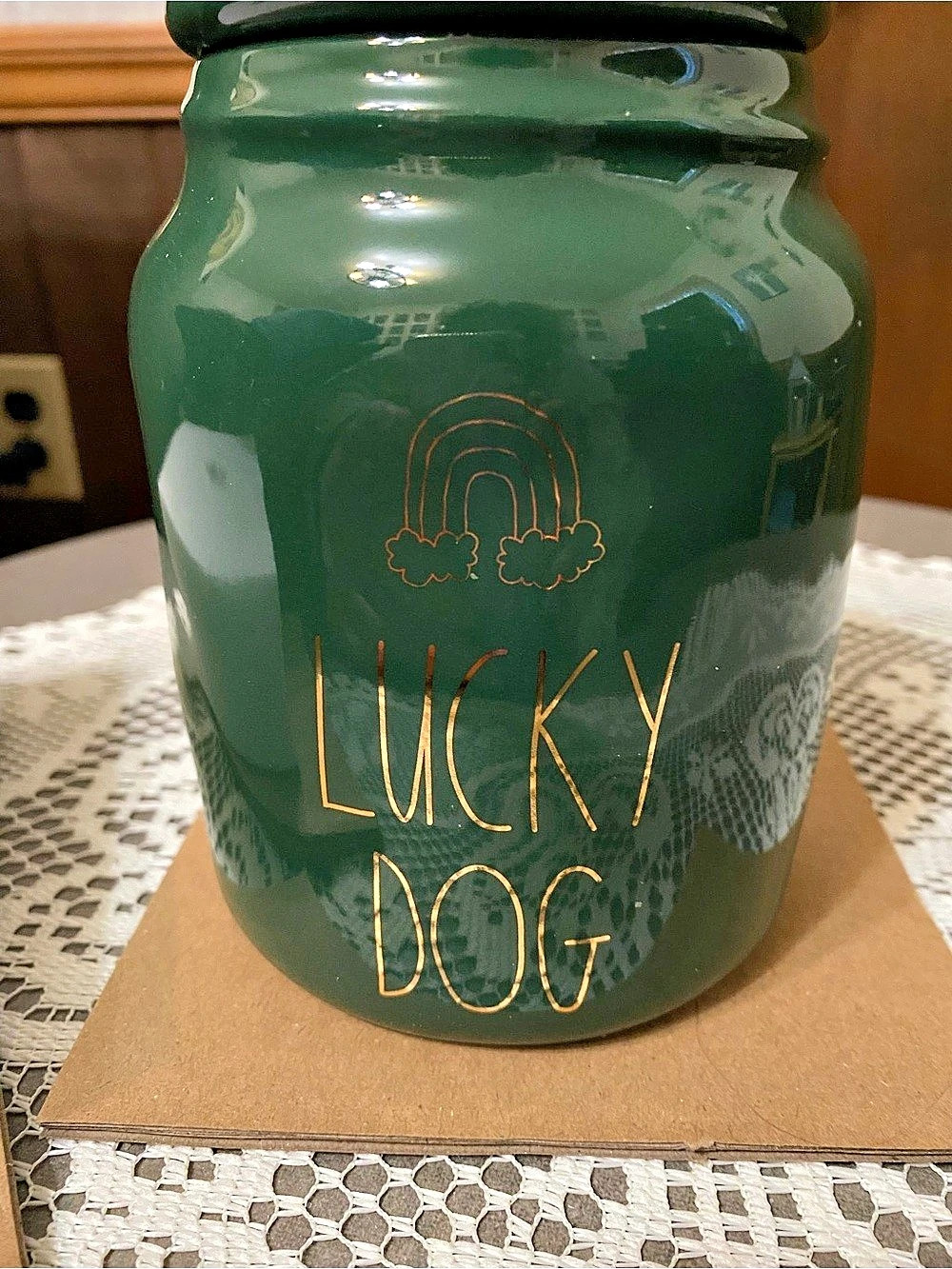 Rae Dunn Lucky Dog Canister Green with Lid Like New